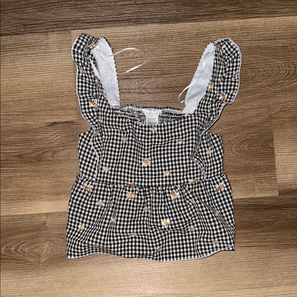 Black and White Gingham Top with Floral Embroidery